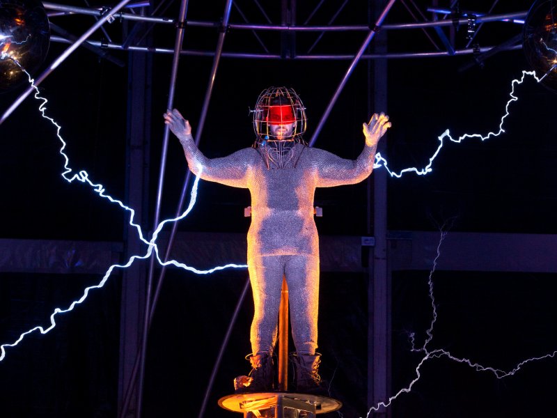 &copy; Reuters/Andrew Burton, Magician David Blaine channels bolts of electricity from various tesla coils charged with one million volts of electricity during a stunt on Pier 54 in New York.
