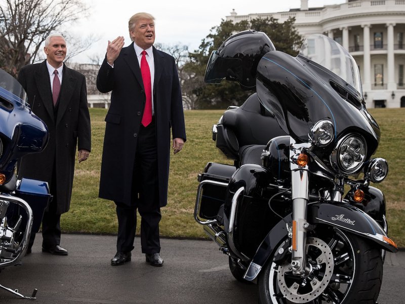 &copy; Drew Angerer/Getty Images, President Donald Trump after greeting Harley-Davidson executives on the South Lawn of the White House, February 2, 2017.