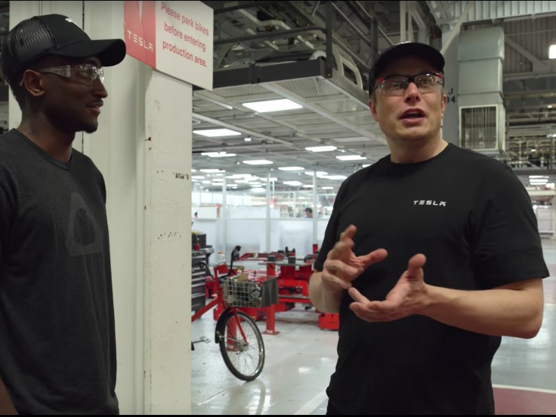 &copy; Marques Browne/YouTube, Elon Musk showing YouTuber Marques Browne around the Gigafactory.