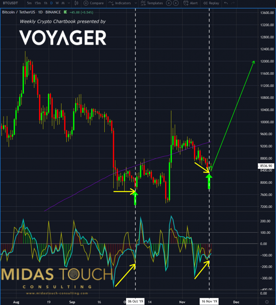 Bitcoin in TetherUS, daily chart as of November 17th, 2019 d