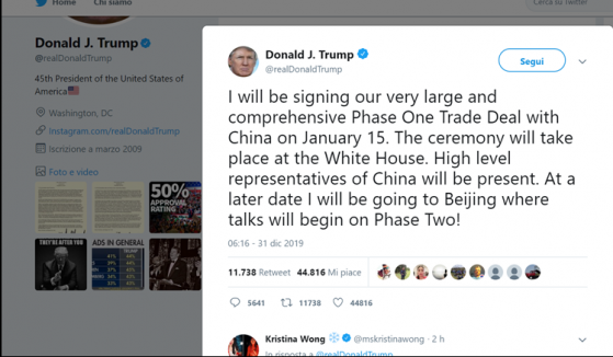 Dazi, Trump: “Firmerò l’accordo con la Cina il 15 gennaio”