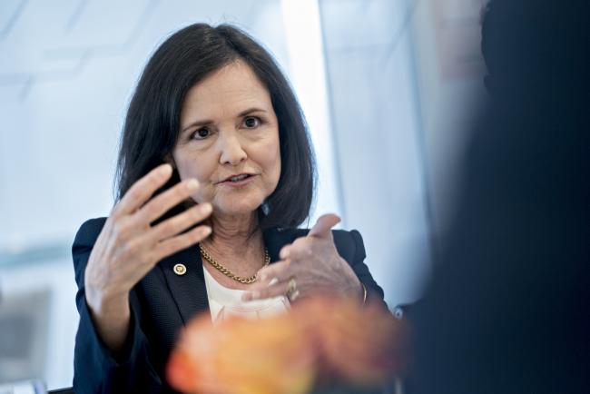 © Bloomberg. Judy Shelton, U.S. executive director for the European Bank for Reconstruction and Development, speaks during an interview in Washington, D.C., U.S., on Wednesday, May 29, 2019. Shelton, a conservative economist whom the Trump administration is considering for a vacancy on the Federal Reserve, said the central bank should avoid restraining growth while the U.S. is engaged in a trade war with China. 