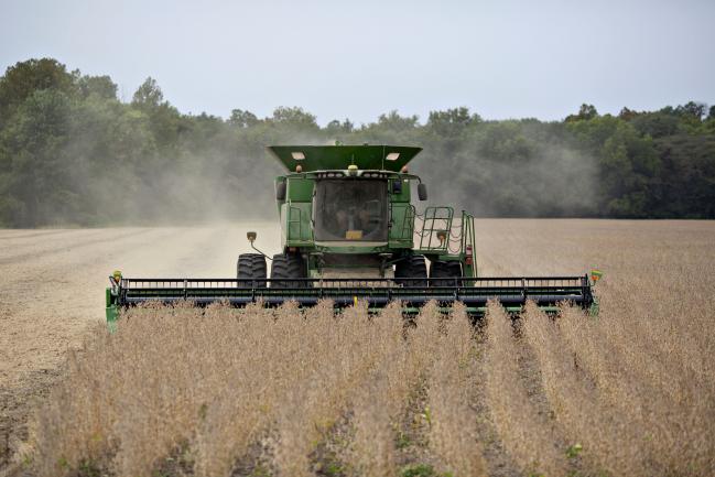 © Bloomberg. Soybeans are harvested with a Deere & Co. combine harvester in Tiskilwa, Illinois, U.S., on Tuesday, Sept. 18, 2018. With the trade war having a knock-on effect on agricultural commodity flows globally, the European Union has more than doubled its purchases of American beans in the season that began in July. Photographer: Daniel Acker/Bloomberg