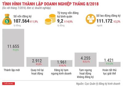 Toàn cảnh bức tranh thành lập doanh nghiệp tháng 8/2018