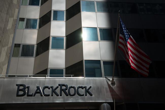 © Bloomberg. The BlackRock Inc. logo is displayed at the company's offices in New York, U.S.