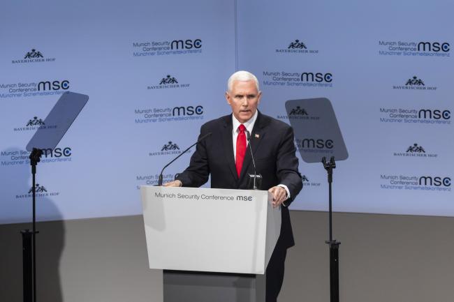 © Bloomberg. Mike Pence speaks during the Munich Security Conference on Feb. 16. Photographer: Alex Kraus/Bloomberg