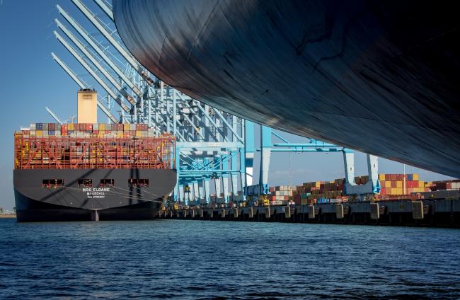 © Bloomberg. The Mediterranean Shipping Co. (MSC) Eloane container ship makes berth at the Port of Los Angeles in Los Angeles, California, U.S., on Wednesday, March 13, 2019. The Eloane is the largest container ship to ever call in the U.S. At 1,312 feet long and 193 feet wide, it can carry 19,500 containers. Photographer: Tim Rue/Bloomberg