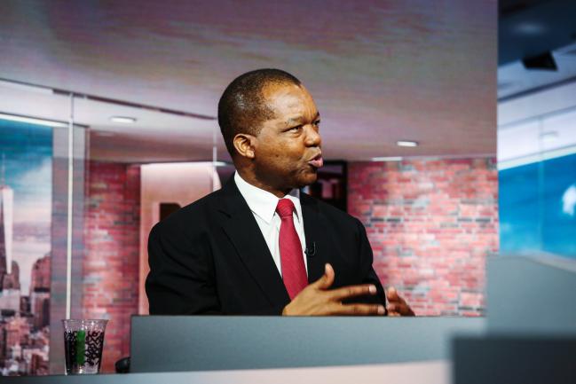 © Bloomberg. John Mangudya, governor of the Central Bank of Zimbabwe, speaks during a Bloomberg Television interview in New York, U.S., on Friday, Sept. 21, 2018. Mangudya discussed Zimbabwe's efforts to attract investors. 