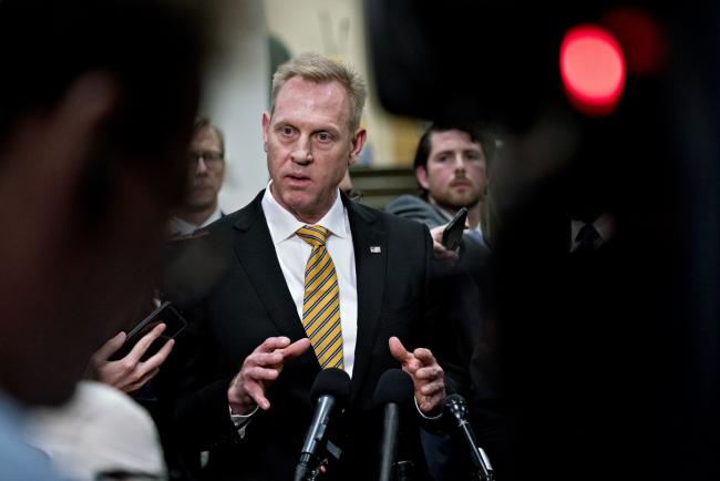 © Bloomberg. Patrick Shanahan, acting U.S. Secretary of Defense, speaks to members of the media after a briefing on Iran by Secretary of State Mike Pompeo in the basement of the U.S. Capitol in Washington, D.C., U.S., on Tuesday, May 21, 2019. Senate Majority Leader Mitch McConnell today said 