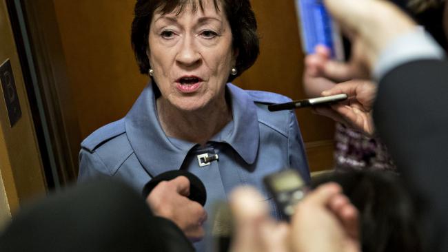 © Bloomberg. Senator Susan Collins, a Republican from Maine, speaks to members of the media in the basement of the U.S. Capitol before a Republican policy meeting luncheon in Washington, D.C., U.S., on Tuesday, Sept. 26, 2017. Senate Republicans gave up on their last-ditch proposal to repeal Obamacare today as opposition in their own ranks ended months of fruitless efforts to gut the Affordable Care Act.