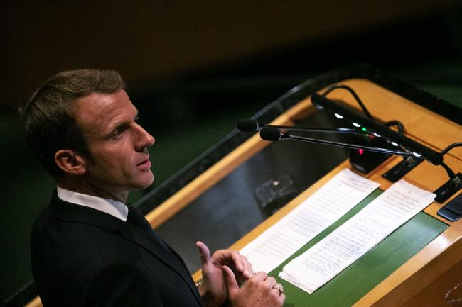 © Bloomberg. Emmanuel Macron, France's president, speaks during the UN General Assembly meeting in New York on Sept. 25. 