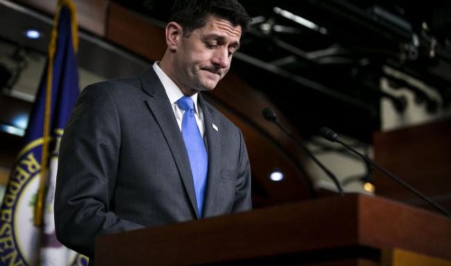 © Bloomberg. U.S. House Speaker Paul Ryan, a Republican from Wisconsin, pauses while speaking during a press conference on Capitol Hill in Washington, D.C., U.S., on Wednesday, April 11, 2018. Ryan's surprise announcement that he won't seek re-election clears the way for his deputies -- Kevin McCarthy of California and Steve Scalise of Louisiana -- to vie for the top GOP position ahead of a November election that may upend control of the chamber.