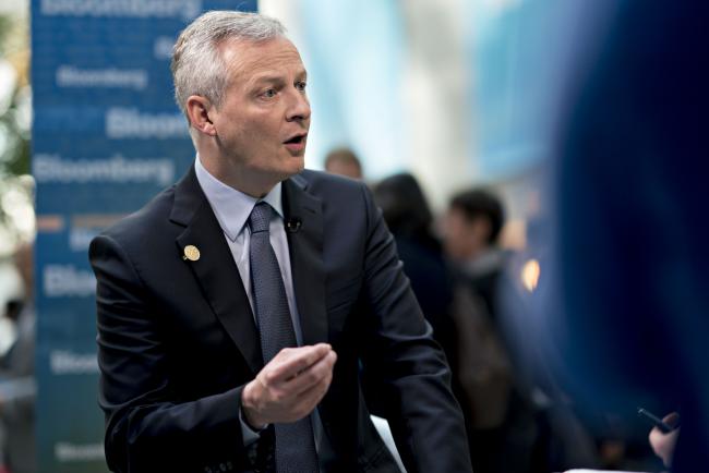 © Bloomberg. Bruno Le Maire, France's finance minister, speaks during a Bloomberg Television interview at the spring meetings of the International Monetary Fund (IMF) and World Bank in Washington, D.C., U.S., on Friday, April 20, 2018. The IMF said this week the world's debt load has ballooned to a record $164 trillion, a trend that could make it harder for countries to respond to the next recession and pay off debts if financing conditions tighten. 