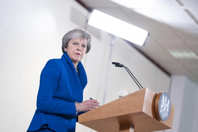 © Bloomberg. Theresa May, U.K. prime minister, pauses as she speaks following a special meeting of the European Council on the Brexit withdrawal agreement in Brussels, Belgium. 