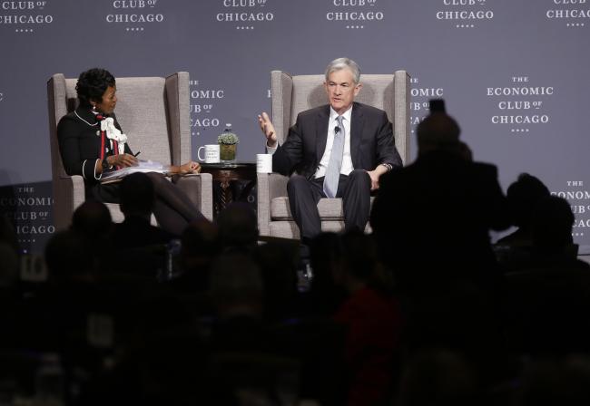 © Bloomberg. Jerome Powell speaks during an Economic Club of Chicago event in Chicago on April 6.