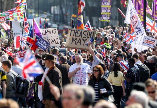 © Bloomberg. Supporters of Brexit rally near the Houses of Parliament in London on March 29, 2019. 