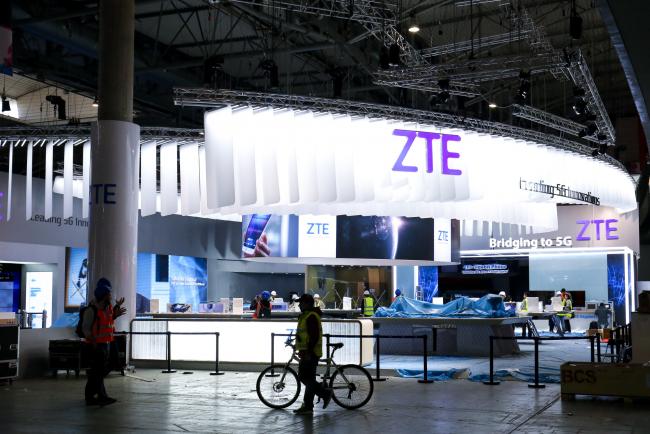 © Bloomberg. ZTE booth at the Mobile World Congress in Feb. 2017. Photographer: Pau Barrena/Bloomberg