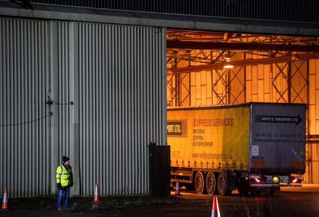 © Bloomberg. A truck arrives in a hangar at Manston Airport ahead of participation in a trial as part of the U.K. Government's 