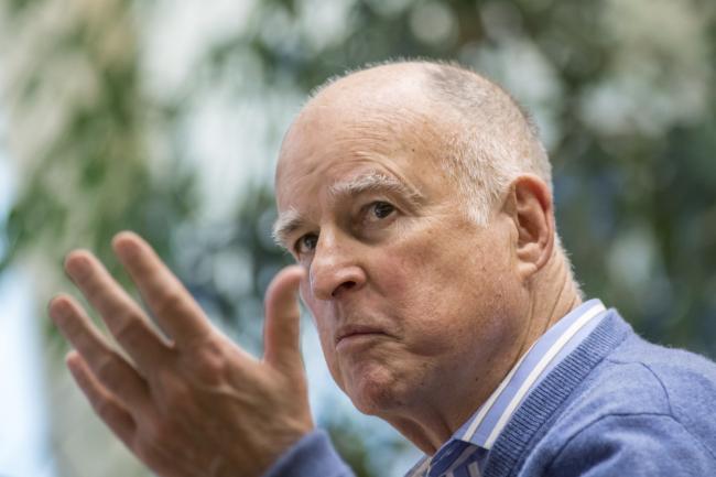 © Bloomberg. Jerry Brown, governor of California, gestures during an interview at the State Capitol in Sacramento, California, U.S., on Thursday, March 2, 2017. Brown said the state's retirement system is 