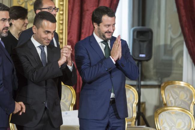 © Bloomberg. Five Star leader Luigi Di Maio with Salvini in June 2018. Photographer: Giulio Napolitano/Bloomberg