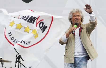 © Reuters. Leader of the Five Star Movement and comedian Grillo gestures while speaking during an election campaign for European Parliament elections in Rome