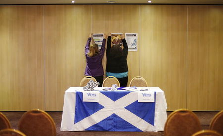 © Reuters. Volunteers hang campaign signs before a "Yes" campaign meeting at the Fenwick Hotel in Kilmarnock