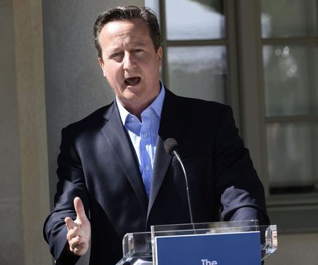 © Reuters. British PM Cameron speaks during a news conference at Swedish PM Reinfeldt's summer residence in Harpsund, south of Stockholm