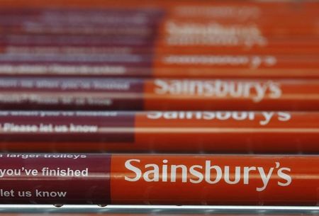 © Reuters. Shopping trolleys are seen parked at a Sainsbury's supermarket at Pulborough, southern England