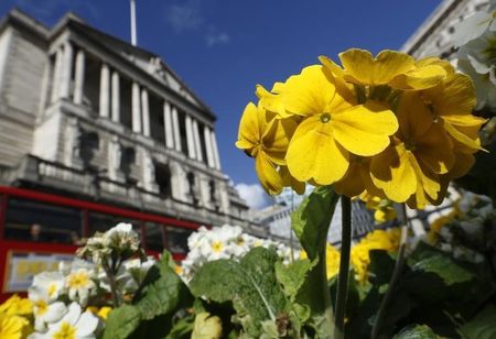 © Reuters. Primulas bloom outside the Bank of England in the City of London