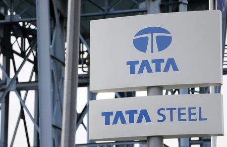 © Reuters. The Tata Steel logo is seen at the Tata Steel rails factory in Hayange