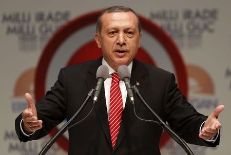 © Reuters. Turkey's Prime Minister and presidential candidate Tayyip Erdogan makes a speech during a meeting to launch his election campaign in Istanbul