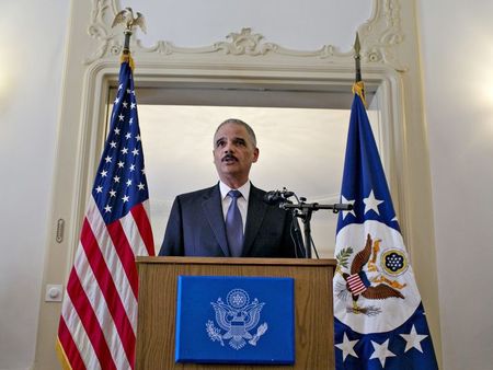 © Reuters. U.S. Attorney General Eric Holder speaks at the U.S. ambassador's residence in Oslo