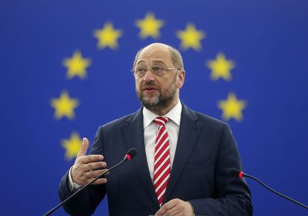 © Reuters. European Parliament President Martin Schulz addresses the European Parliament after his re-election in Strasbourg