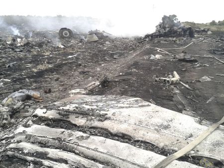 © Reuters. Destroços do Boeing 777 da Malaysia Airlines que caiu com 295 pessoas à bordo próximo ao vilarejo de Grabovo, na região de Donetsk, na Ucrânia
