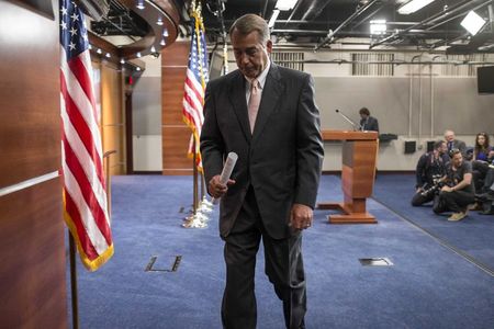 © Reuters. Speaker of the House John Boehner walks from the podium after speaking to the media on Capitol Hill in Washington