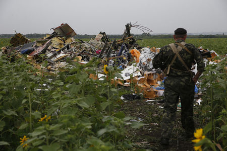 © Reuters. A pro-Russian separatist looks at wreckage from the nose section of a Malaysia Airlines Boeing 777 plane which was downed near the village of Rozsypne, in the Donetsk region