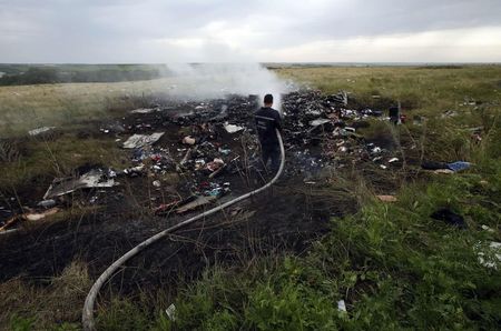 © Reuters. Funcionários do serviços de emergência resfria local da queda de avião da Malaysia Airlines no leste da Ucrânia