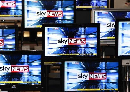 © Reuters. The Sky News logo is seen on television screens in an electrical store in Edinburgh