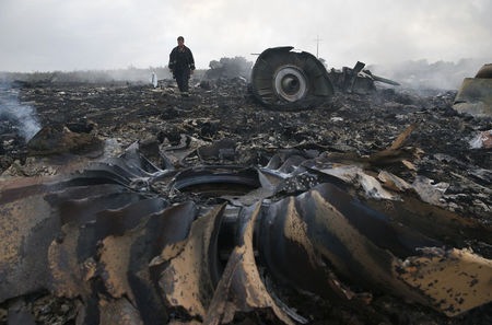 © Reuters. Emergencies Ministry member walks at a site of a Malaysia Airlines Boeing 777 plane crash near the settlement of Grabovo in the Donetsk region
