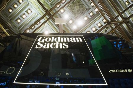 © Reuters. Goldman Sachs sign is seen above floor of the New York Stock Exchange