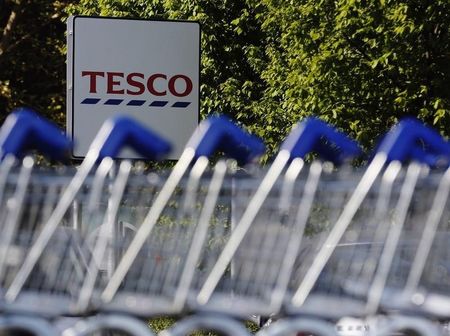 © Reuters. Shopping trolleys are seen lined up at a Tesco supermarket in London