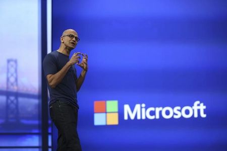 © Reuters. Microsoft CEO Satya Nadella gestured during his keynote address at the company's  "build" conference in San Francisco