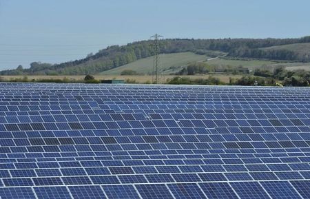 © Reuters. Solar panels are seen in fields near Andover in southern England