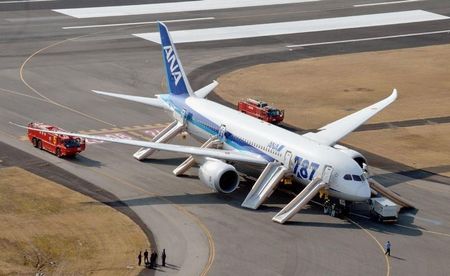© Reuters. An ANA Boeing 787 Dreamliner is seen after making an emergency landing at Takamatsu airport