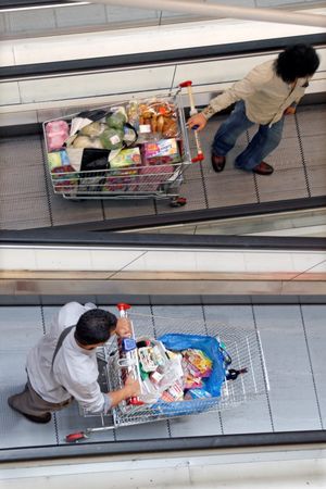 © Reuters. Customers push shopping trolleys on an escalator at the Bercy shopping centre in Charenton Le Pont, near Paris