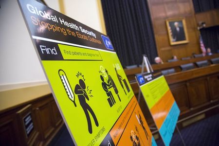 © Reuters. U.S. CDC educational materials are displayed at a hearing of a House Foreign Affairs subcommittee, about the Ebola crisis in West Africa, on Capitol Hill in Washington