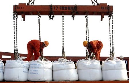 © Reuters. Workers load bags of chemicals onto a ship for export at a port in Lianyungang