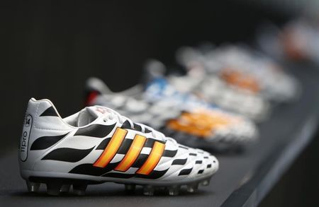© Reuters. File photo of Adidas soccer shoes before company's news conference in Herzogenaurach