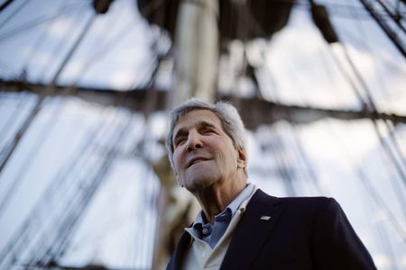 © Reuters. U.S. Secretary of State Kerry is pictured aboard a replica of Captain Cook's ship 'Endeavour' during his visit to the Australian National Maritime Museum in Sydney