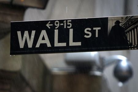 © Reuters. A Wall Street sign is pictured in the rain outside the New York Stock Exchange